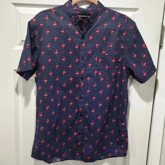 Molokai Surf Co Novelty Flamingo and polka dots button down short sleeve shirt - Picture 2 of 9